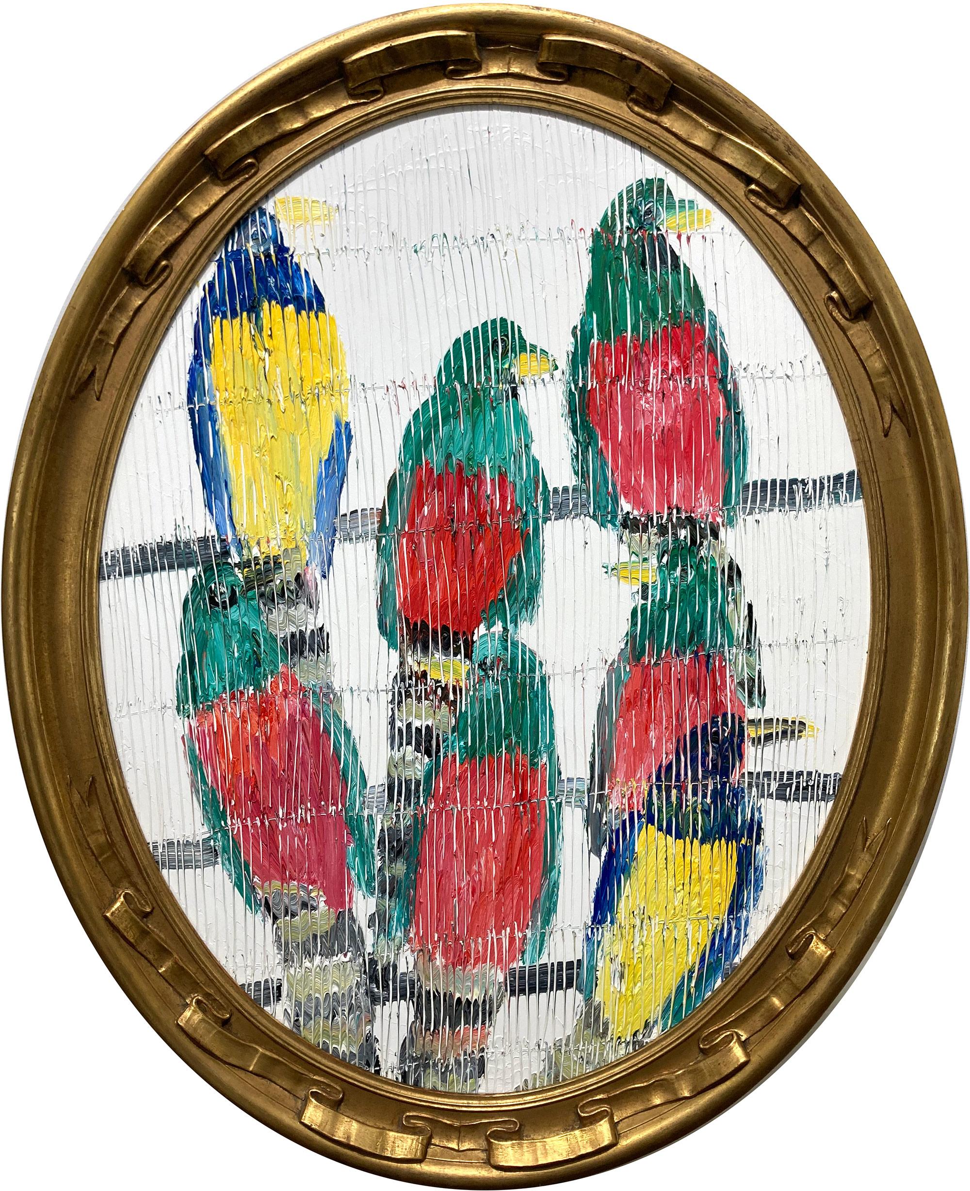Hunt Slonem Animal Painting - "Grand Mott Mott" Multicolored Birds with Background Oil Painting on Wood Framed