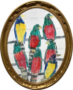 "Grand Mott Mott" Multicolored Birds with Background Oil Painting on Wood Framed