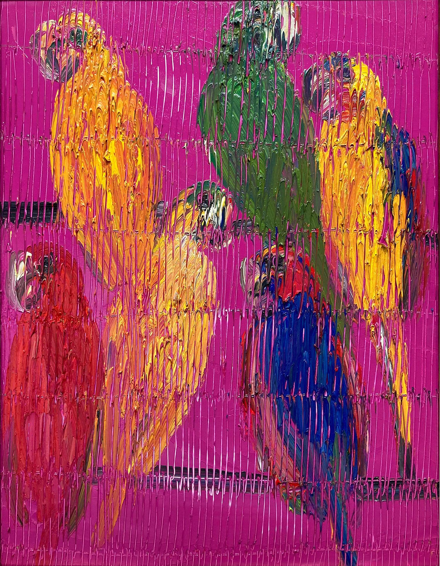 A wonderful composition Slonem's Macaws. This piece depicts gestural figures of colorful Macaws Birds on a Fuchsia background with thick use of paint. Inspired by nature and a genuine love for animals, Slonem's paintings encompass unique