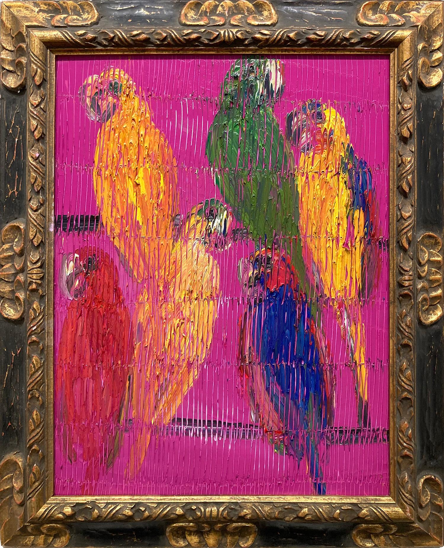Hunt Slonem Animal Painting - "Grass Keets" Colorful Macaws with Fuchsia Background Oil Painting on Wood Panel