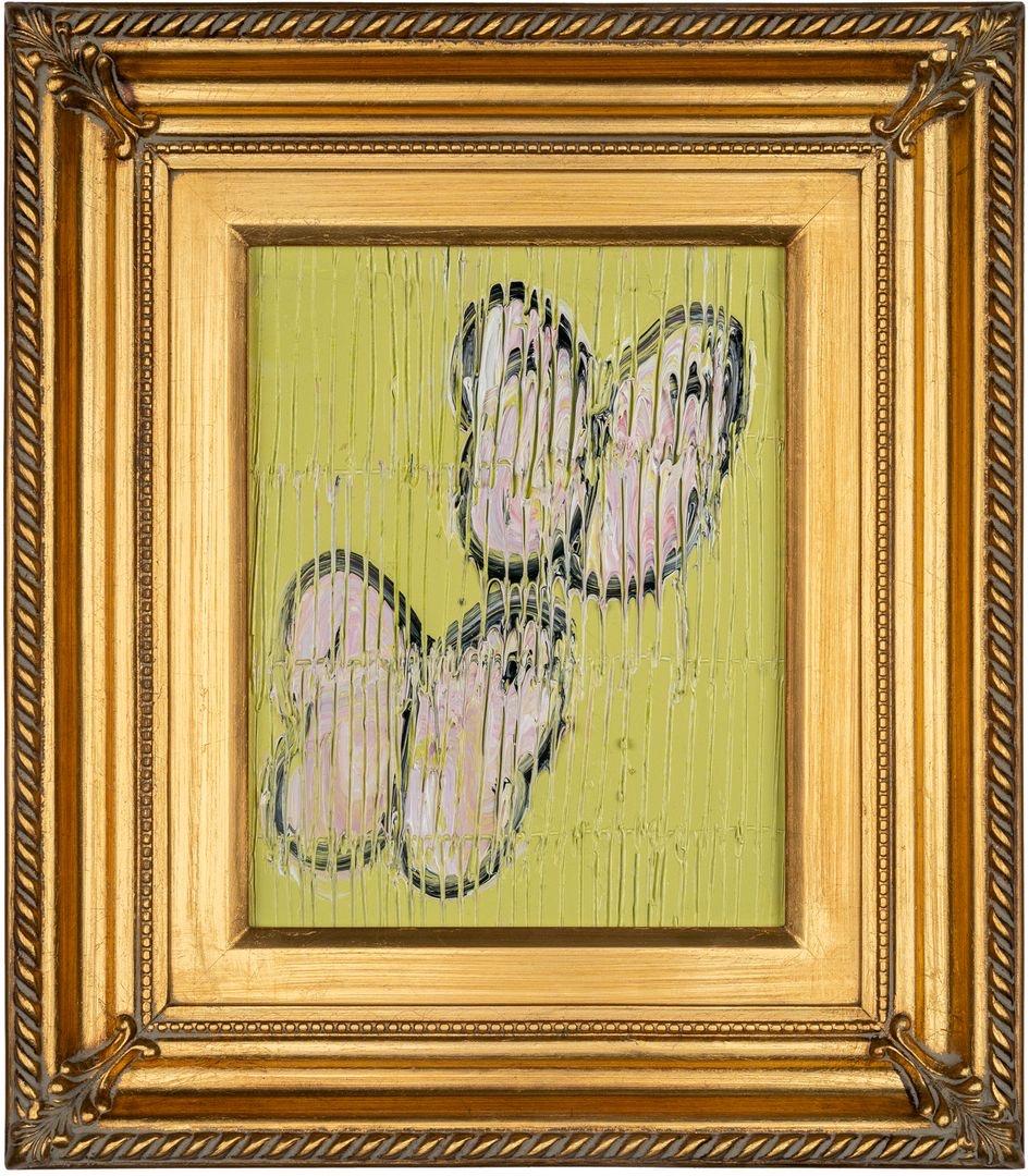 Animal Painting Hunt Slonem - Double papillon vert et noir Peinture à l'huile originale dans un cadre vintage doré