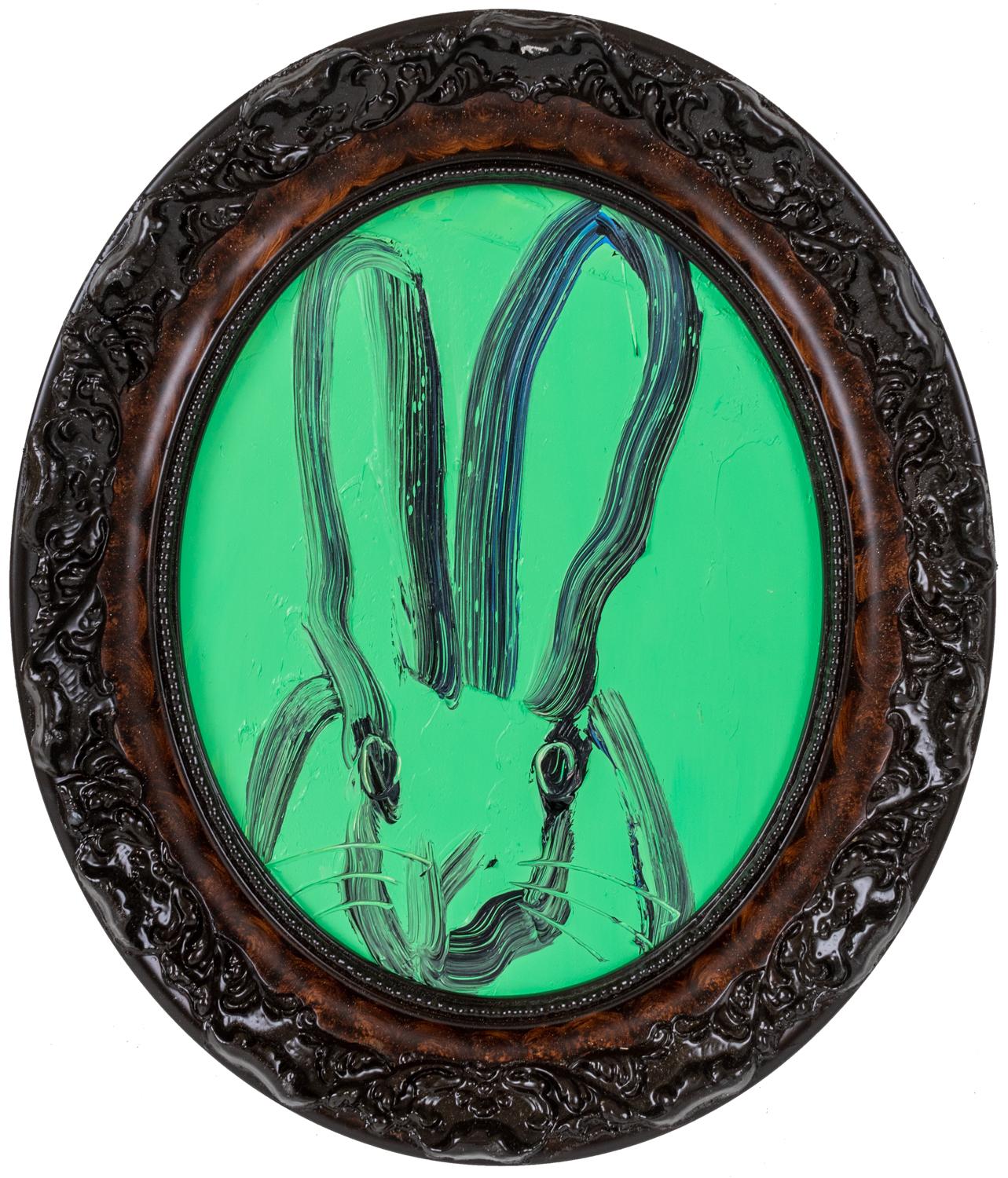 Hunt Slonem Animal Painting – Grünes „Bunny-Gemälde“, Original-Ölgemälde in ovalem Vintage-Rahmen