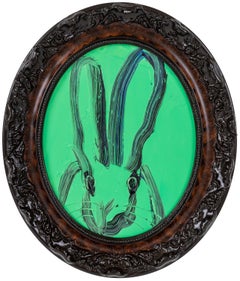 Grünes „Bunny-Gemälde“, Original-Ölgemälde in ovalem Vintage-Rahmen