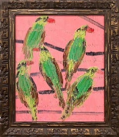 "Green Hunting Cissas" Green Birds w Coral Pink Background Oil Painting on Wood