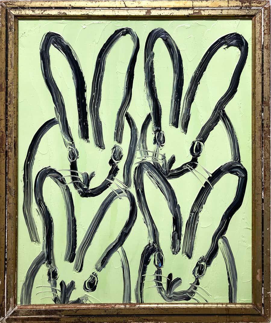 "Green Hutch" Four Bunnies on Pale Mint Background Oil Painting on Wood Framed