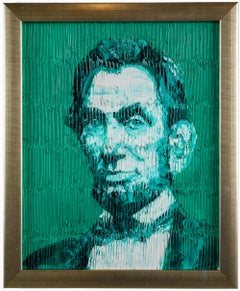 "Green Lincoln" Neo-Expressionist Portrait Textured Oil on Wood Framed Painting