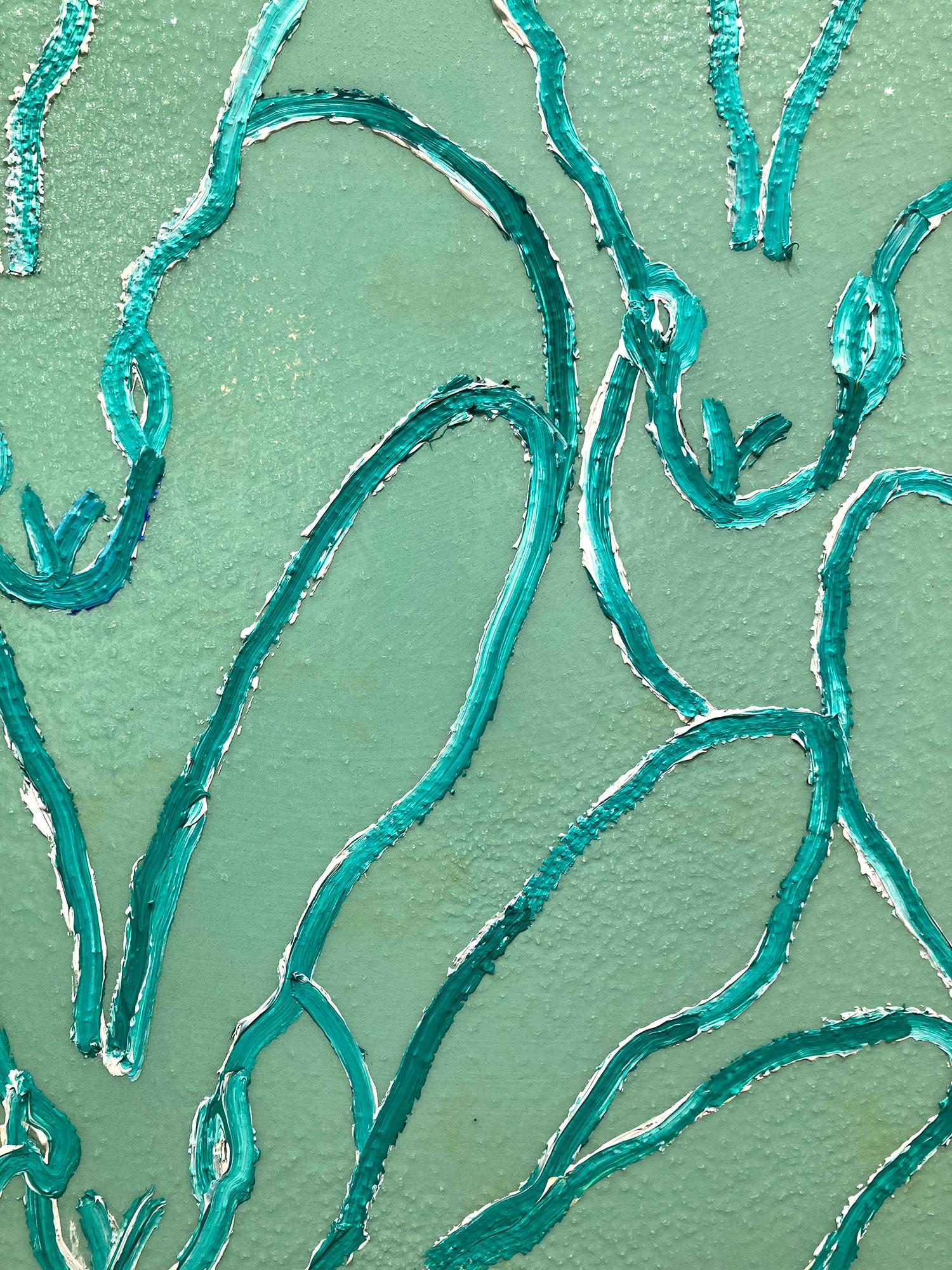 A wonderful composition of one of Slonem's most iconic subjects, Bunnies. This piece depicts gestural figures of white bunnies on a light green background with thick use of paint and diamond dust. Inspired by nature and a genuine love for animals,
