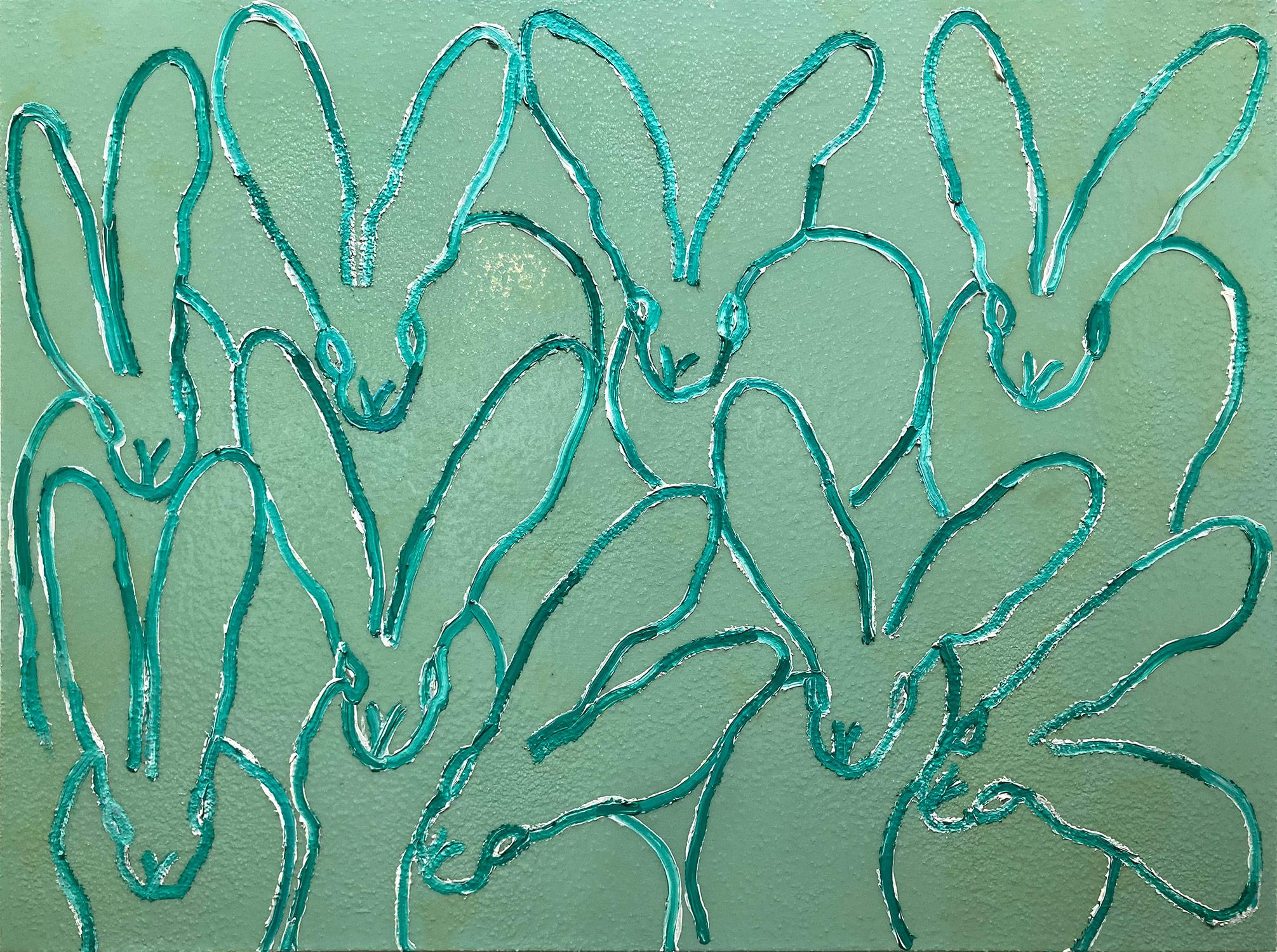 Peinture à l'huile vert clair « Green Man Trail » représentant des lapins en poussière de diamant sur toile