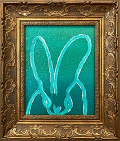 "Pascolo verde" Coniglietto dai contorni bianchi su sfondo verde smeraldo Pittura a olio