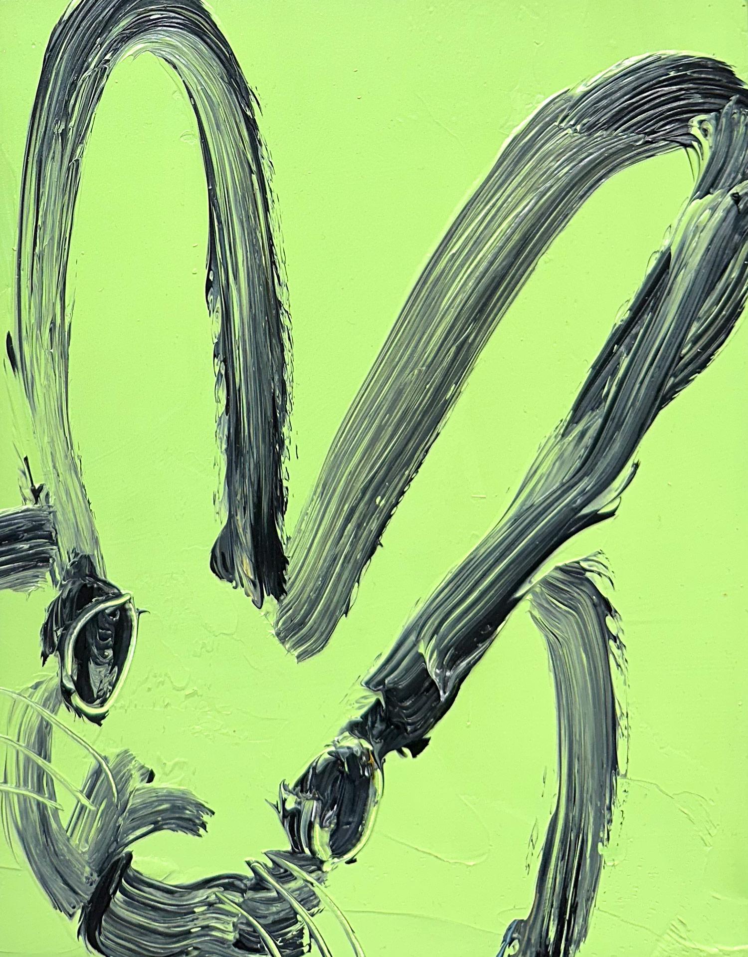 „Green Pastures“, schwarzer Umriss, Bunny auf mintgrünem Hintergrund, Ölgemälde, Holz – Painting von Hunt Slonem