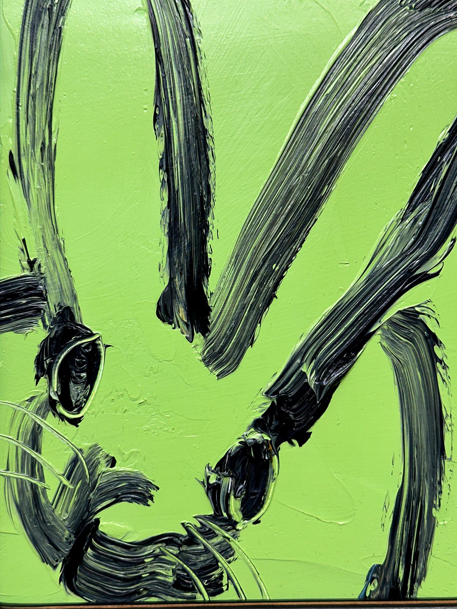 „Green Pastures“, schwarzer Umriss, Bunny auf mintgrünem Hintergrund, Ölgemälde, Holz im Angebot 1
