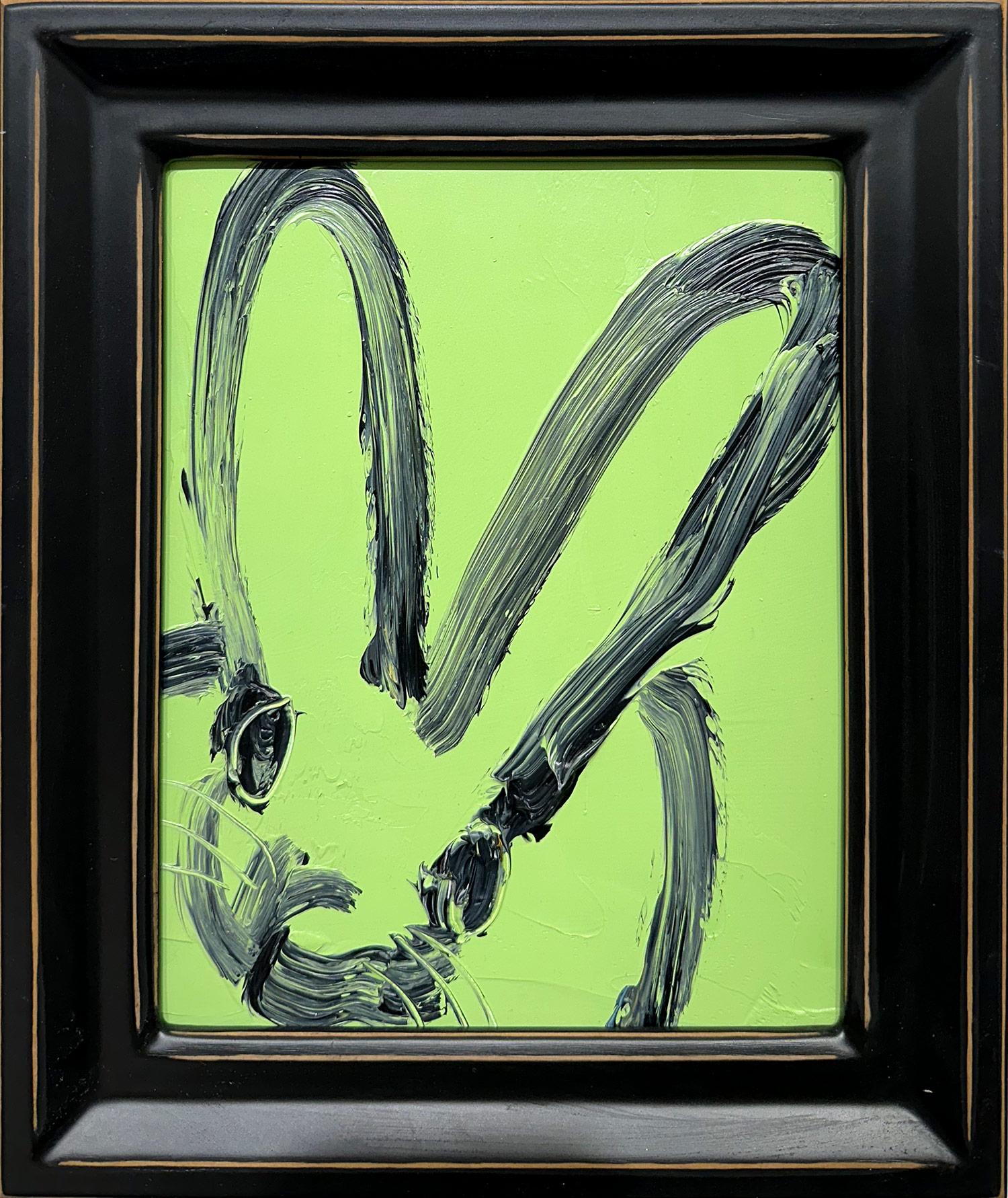 Hunt Slonem Abstract Painting - "Green Pastures" Black Outline Bunny on Mint Green Background Oil Painting Wood