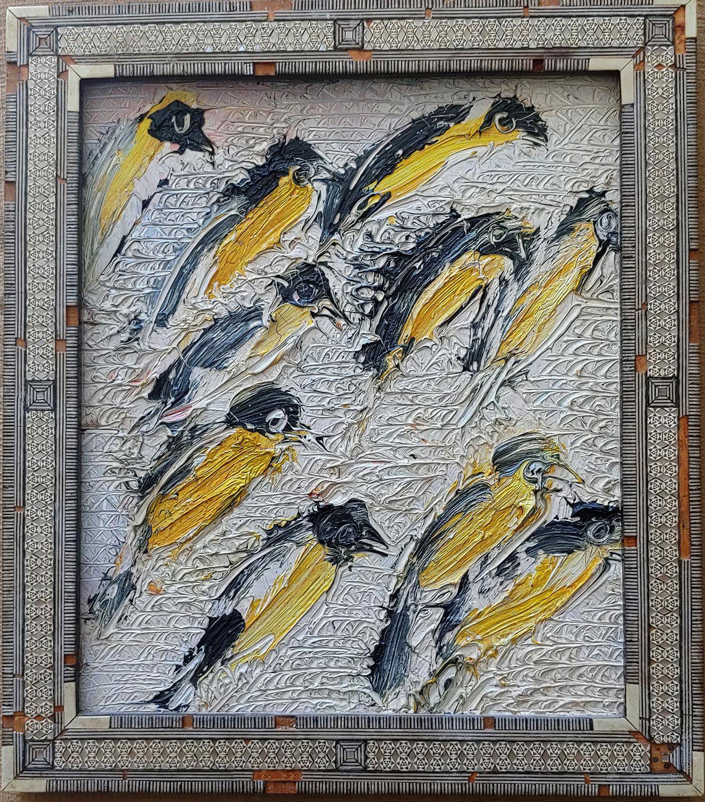 Hunt Slonem Animal Painting – „Green Singers“, Ölgemälde auf Holzplatte, 14"x12"   1996