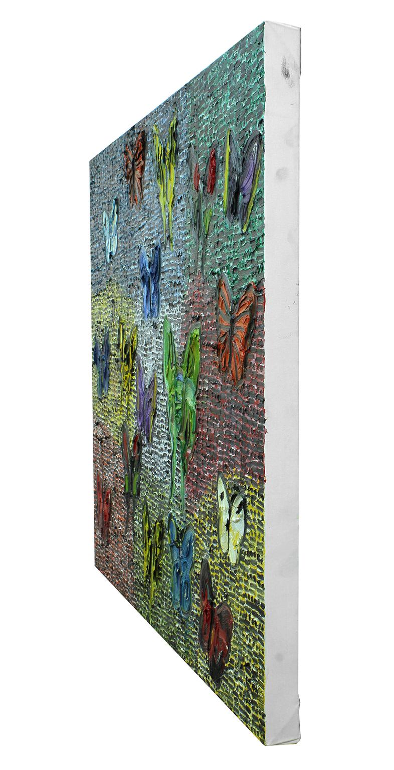 Brightly colored gallery-wrapped oil on canvas painting of butterflies by artist Hunt Slonem. Signed Hunt Slonem 2020 Guardians Butterflies Fri on back. 
