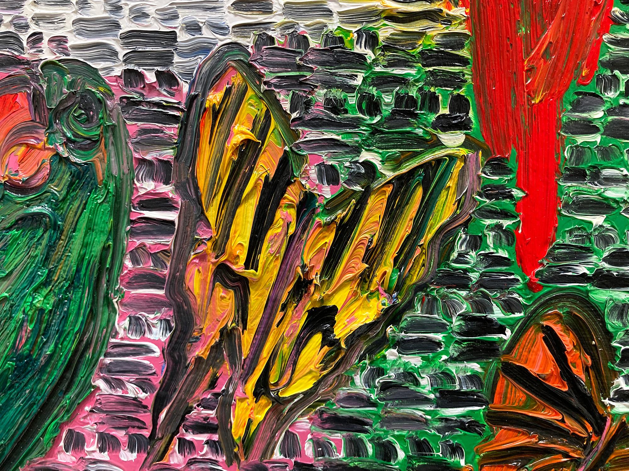 « Gardiens et papillons », peinture à l'huile sur toile multicolore avec oiseaux en vente 6