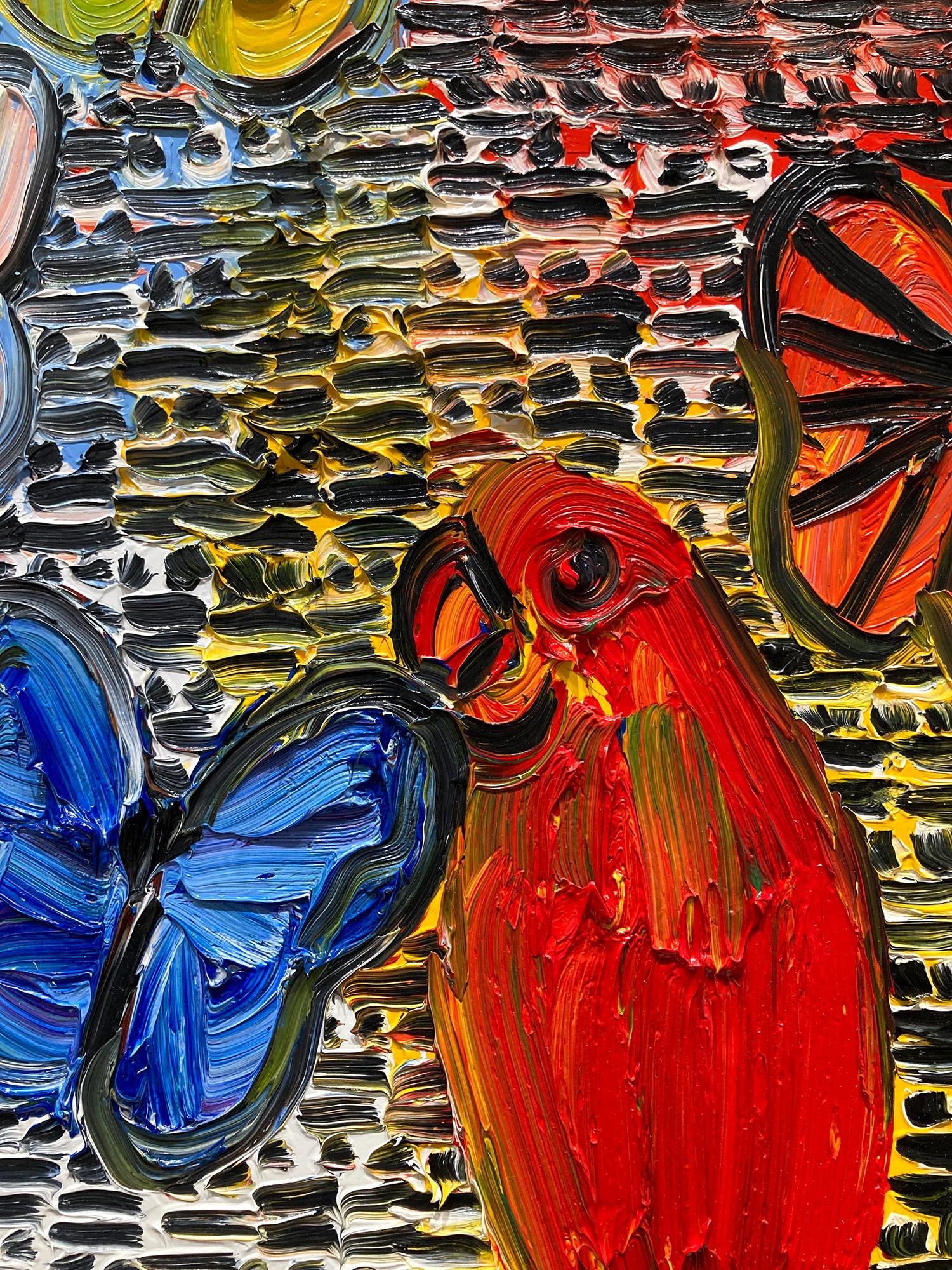 « Gardiens et papillons », peinture à l'huile sur toile multicolore avec oiseaux en vente 7