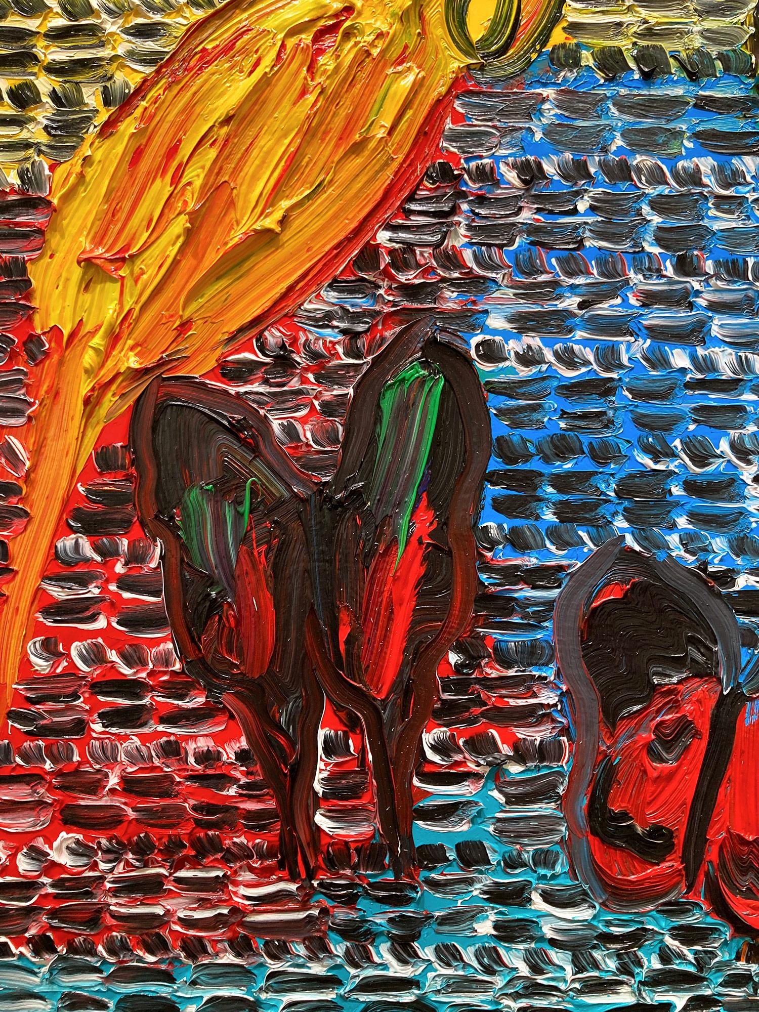 « Gardiens et papillons », peinture à l'huile sur toile multicolore avec oiseaux en vente 8