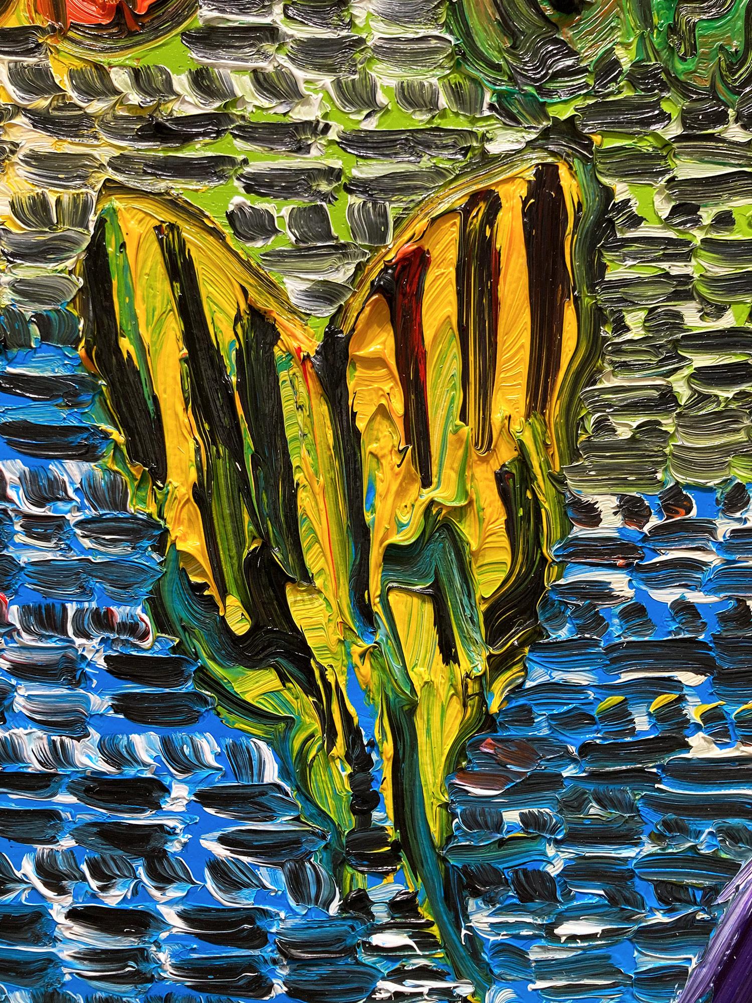 « Gardiens et papillons », peinture à l'huile sur toile multicolore avec oiseaux en vente 9