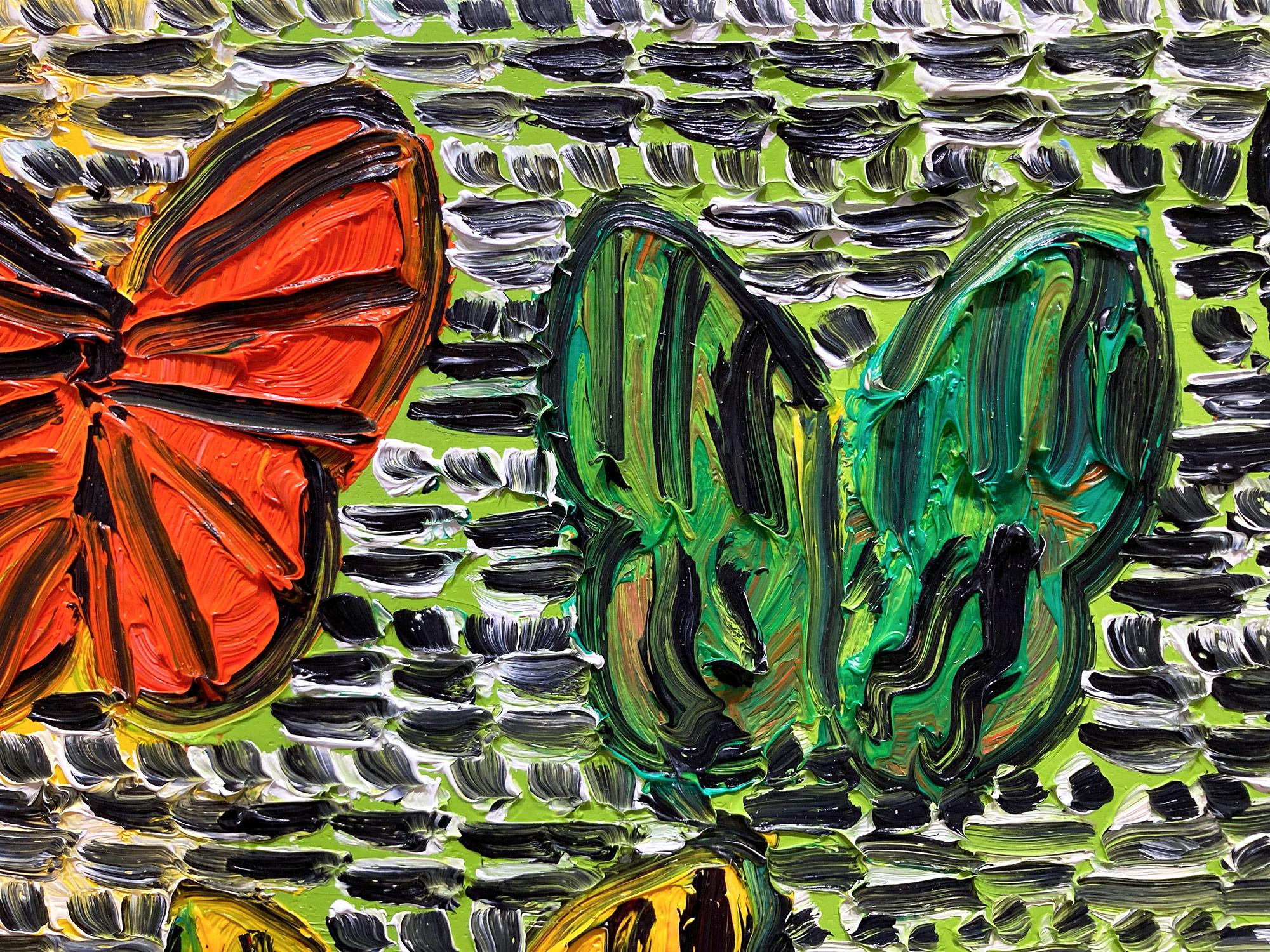 « Gardiens et papillons », peinture à l'huile sur toile multicolore avec oiseaux en vente 10