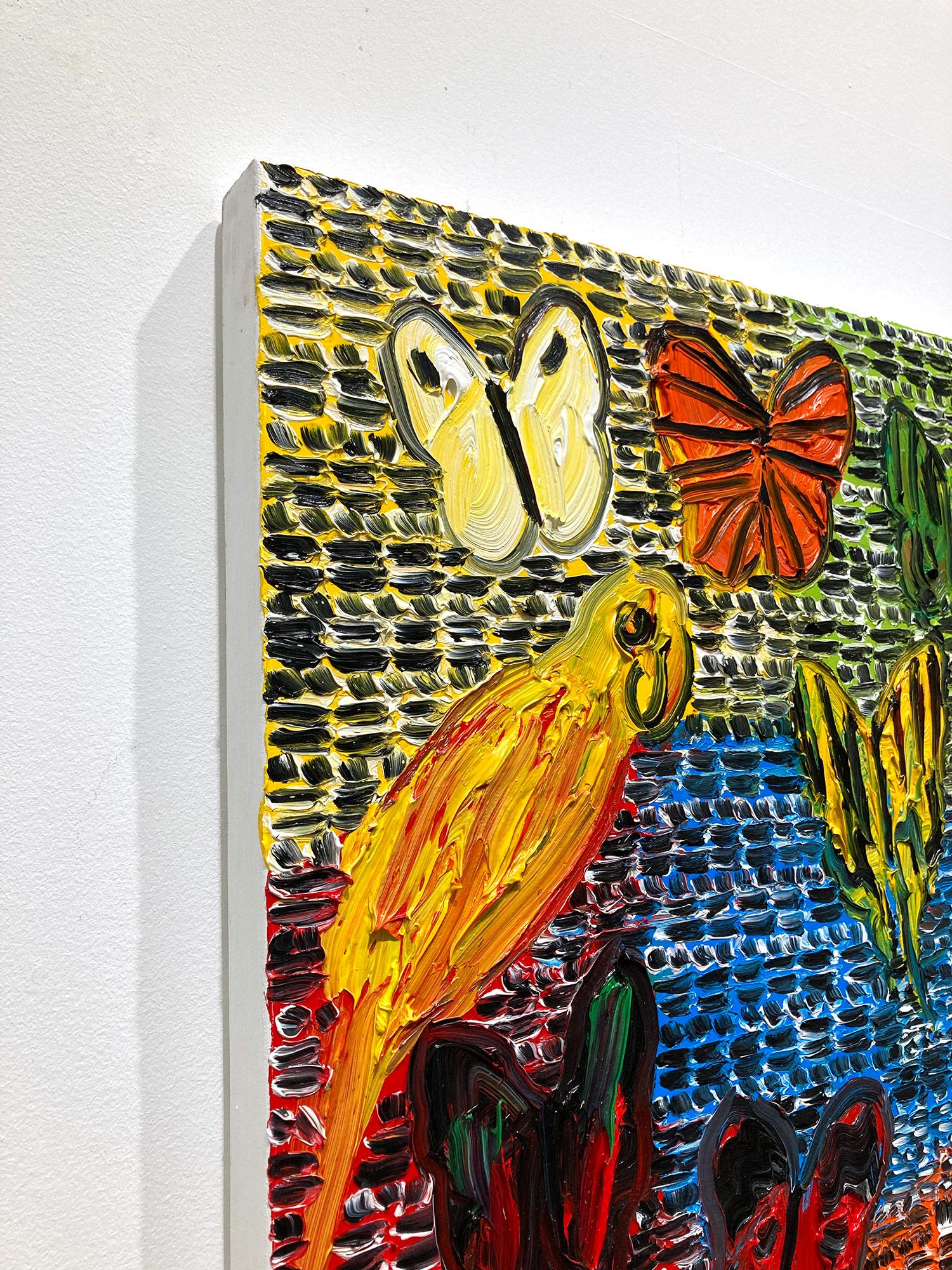 « Gardiens et papillons », peinture à l'huile sur toile multicolore avec oiseaux en vente 11