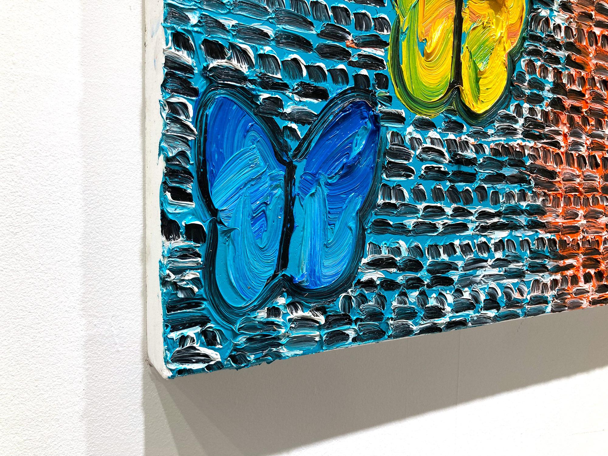 « Gardiens et papillons », peinture à l'huile sur toile multicolore avec oiseaux en vente 12