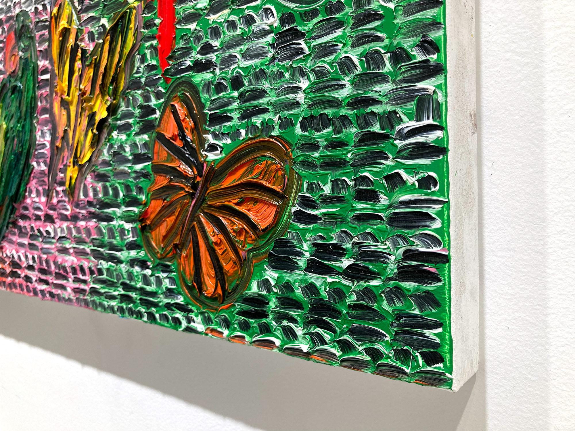 « Gardiens et papillons », peinture à l'huile sur toile multicolore avec oiseaux en vente 13