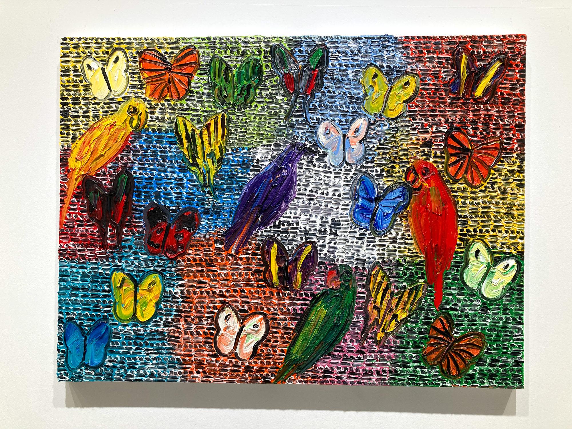 « Gardiens et papillons », peinture à l'huile sur toile multicolore avec oiseaux en vente 15