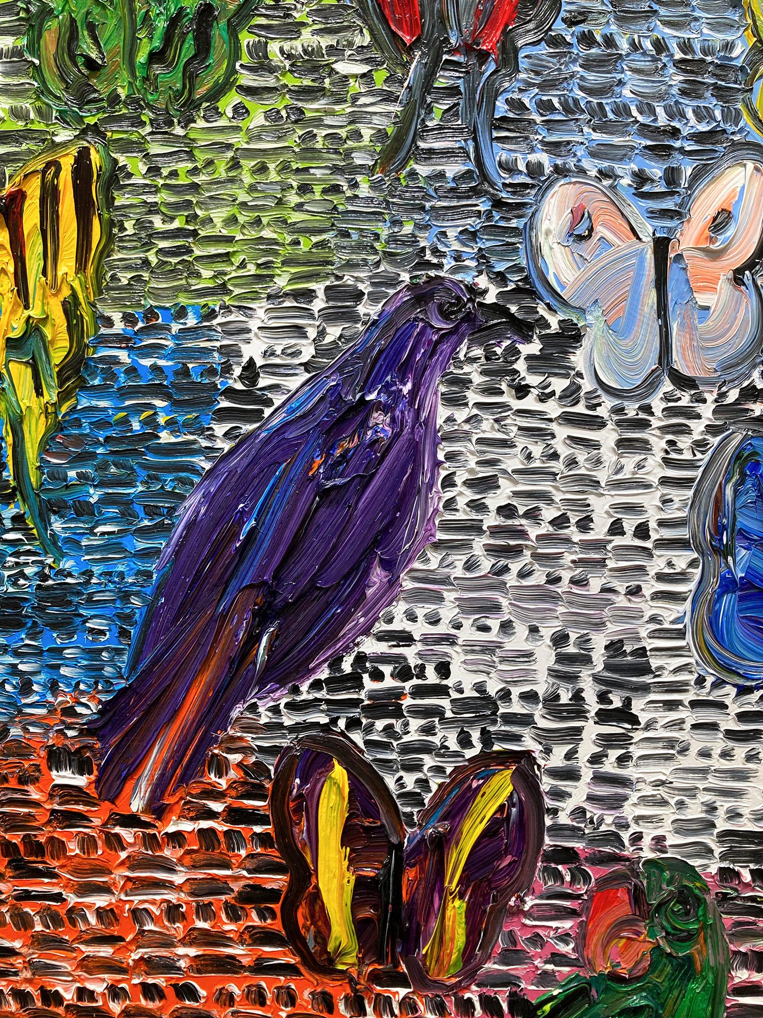 « Gardiens et papillons », peinture à l'huile sur toile multicolore avec oiseaux - Painting de Hunt Slonem
