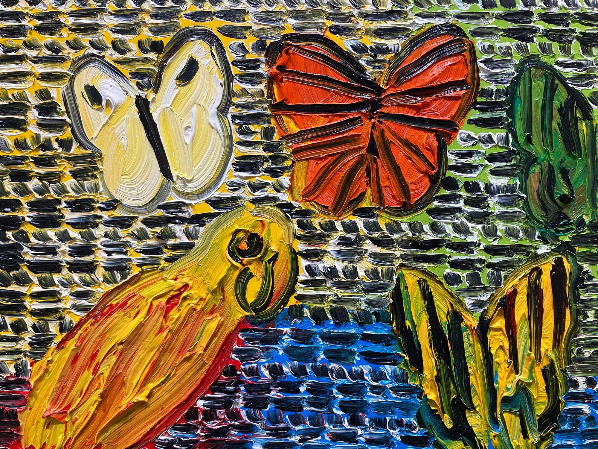 « Gardiens et papillons », peinture à l'huile sur toile multicolore avec oiseaux - Néo-expressionnisme Painting par Hunt Slonem