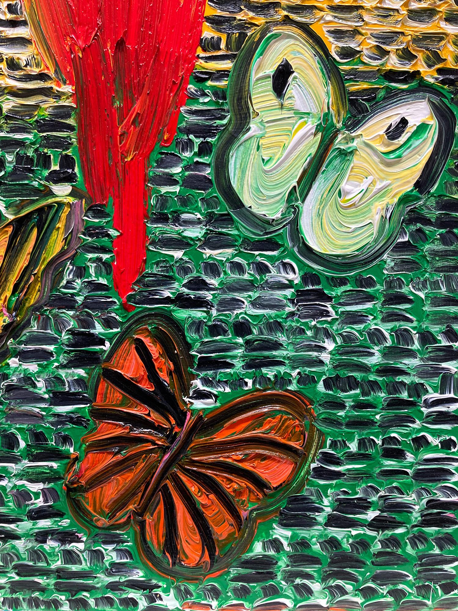 « Gardiens et papillons », peinture à l'huile sur toile multicolore avec oiseaux en vente 1