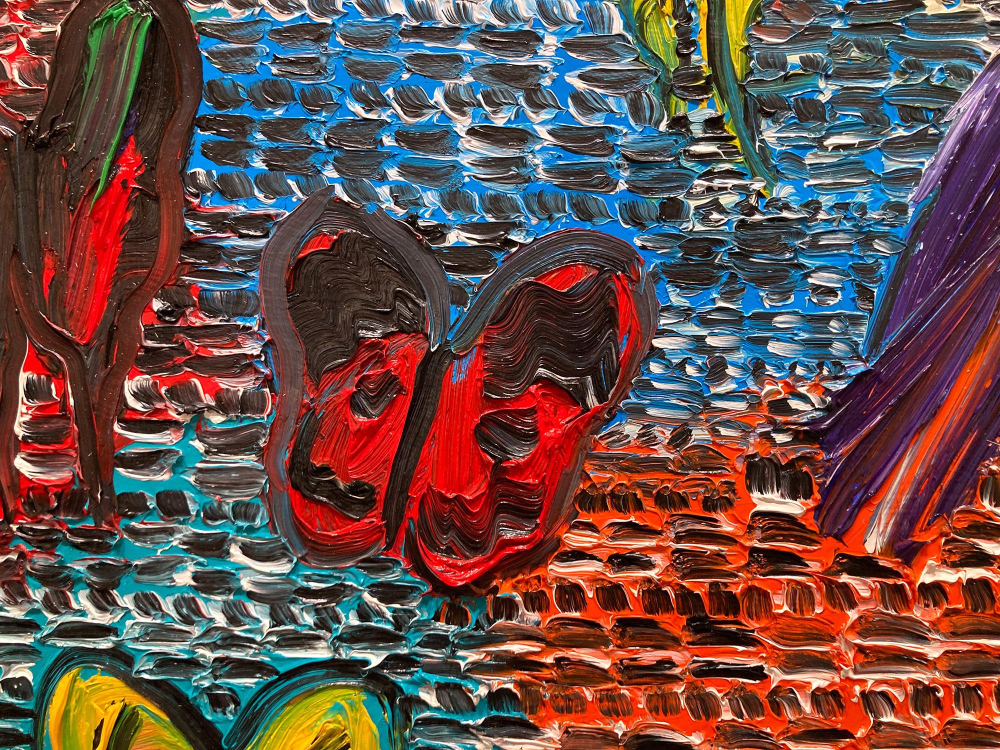 « Gardiens et papillons », peinture à l'huile sur toile multicolore avec oiseaux en vente 2