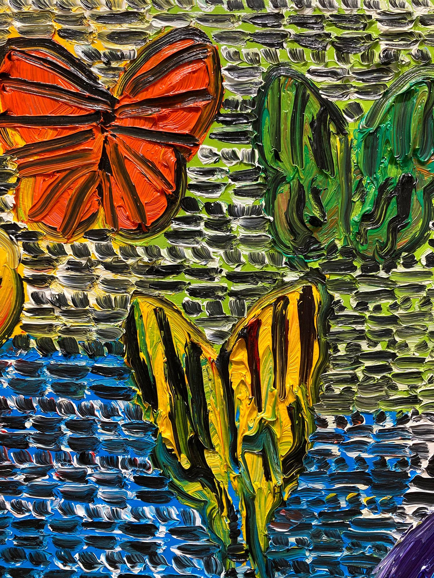 « Gardiens et papillons », peinture à l'huile sur toile multicolore avec oiseaux en vente 3