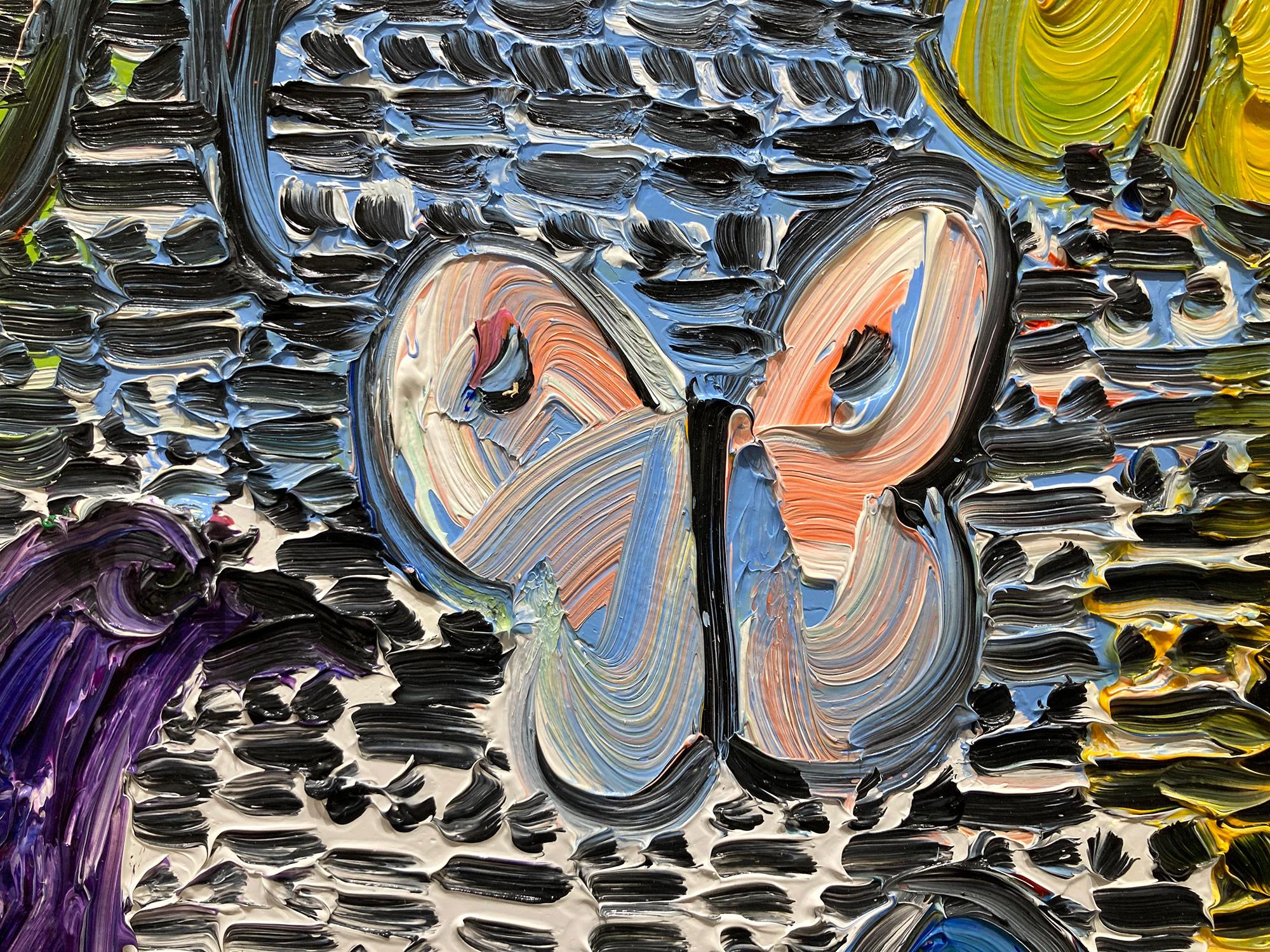 « Gardiens et papillons », peinture à l'huile sur toile multicolore avec oiseaux en vente 4