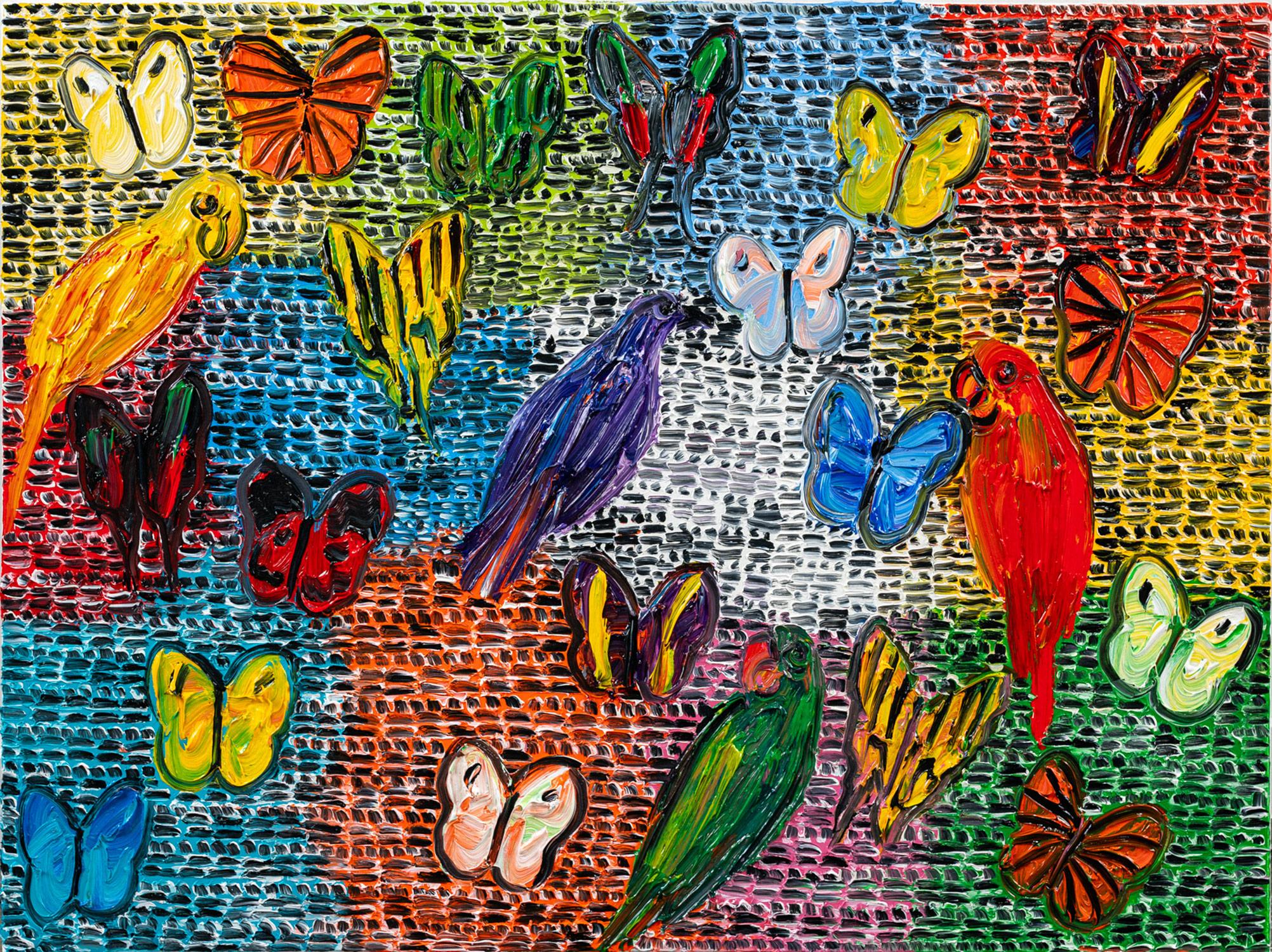 Animal Painting Hunt Slonem - « Gardiens et papillons », peinture à l'huile sur toile multicolore avec oiseaux