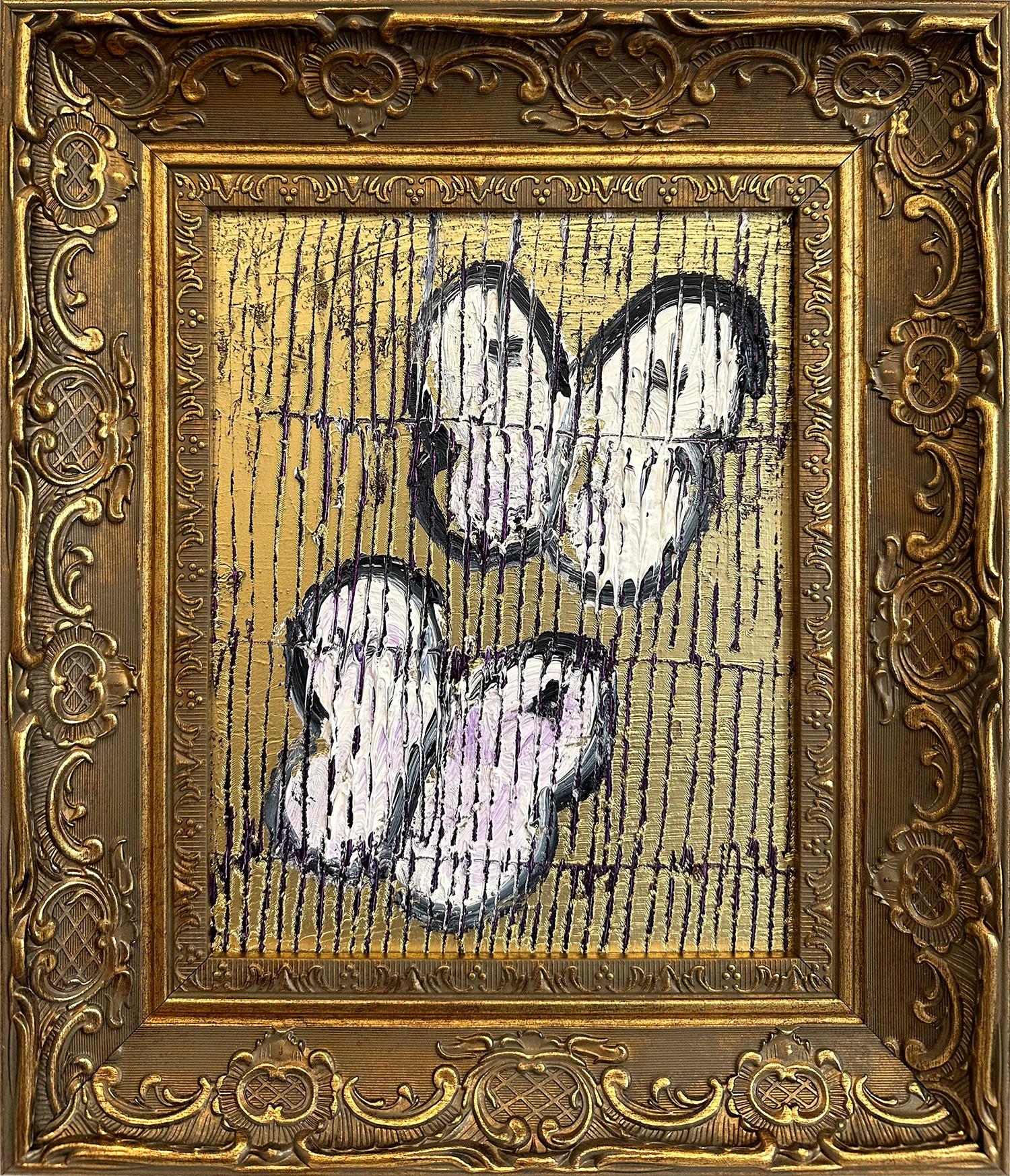 Abstract Painting di Hunt Slonem - Farfalle bianche "Gust" su sfondo oro con accenti viola chiaro incorniciato