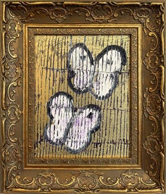 "Gust" White Butterflies on Gold Background with Light Purple Accents Framed