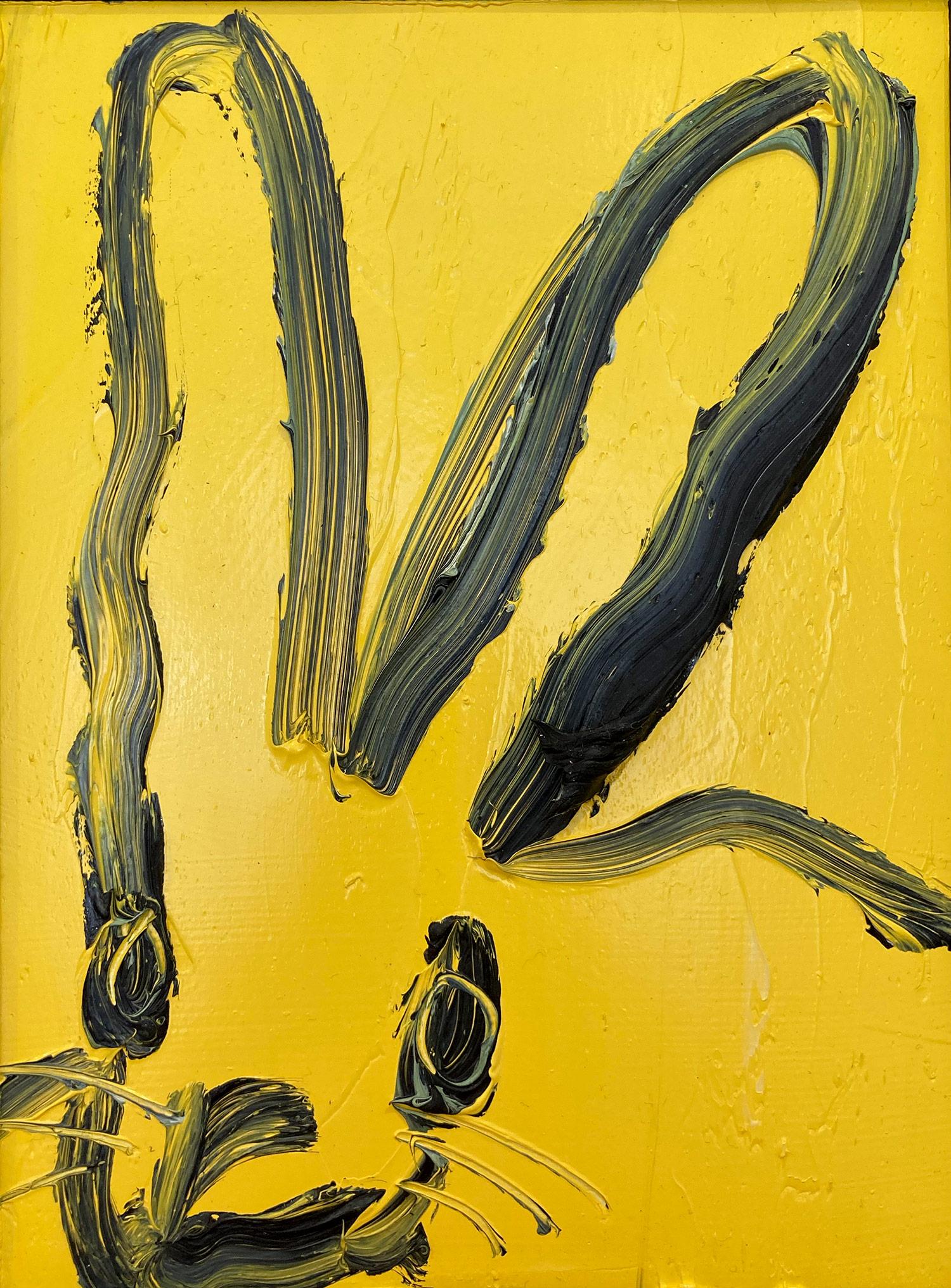 A wonderful composition of one of Slonem's most iconic subjects, Bunnies. This piece depicts a gestural figure of a black bunny on a royal yellow background with thick use of paint. It is housed in a wonderful antique style frame. Inspired by nature