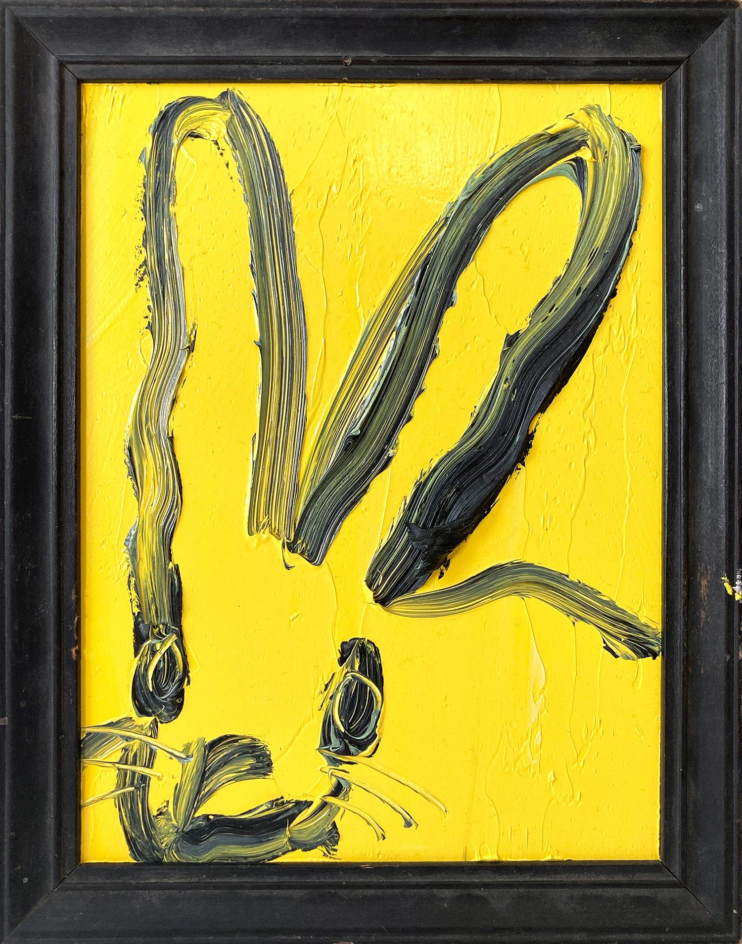 Hunt Slonem Animal Painting - "Hal" (Black Bunny on Royal Yellow Background) Oil Painting on Wood Panel