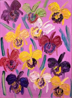 "Hawaiian Catelayas" Colorful Flowers on Intense Pink Background Oil Painting
