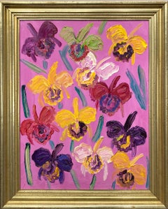 "Hawaiian Catelayas" Colorful Flowers on Intense Pink Background Oil Painting