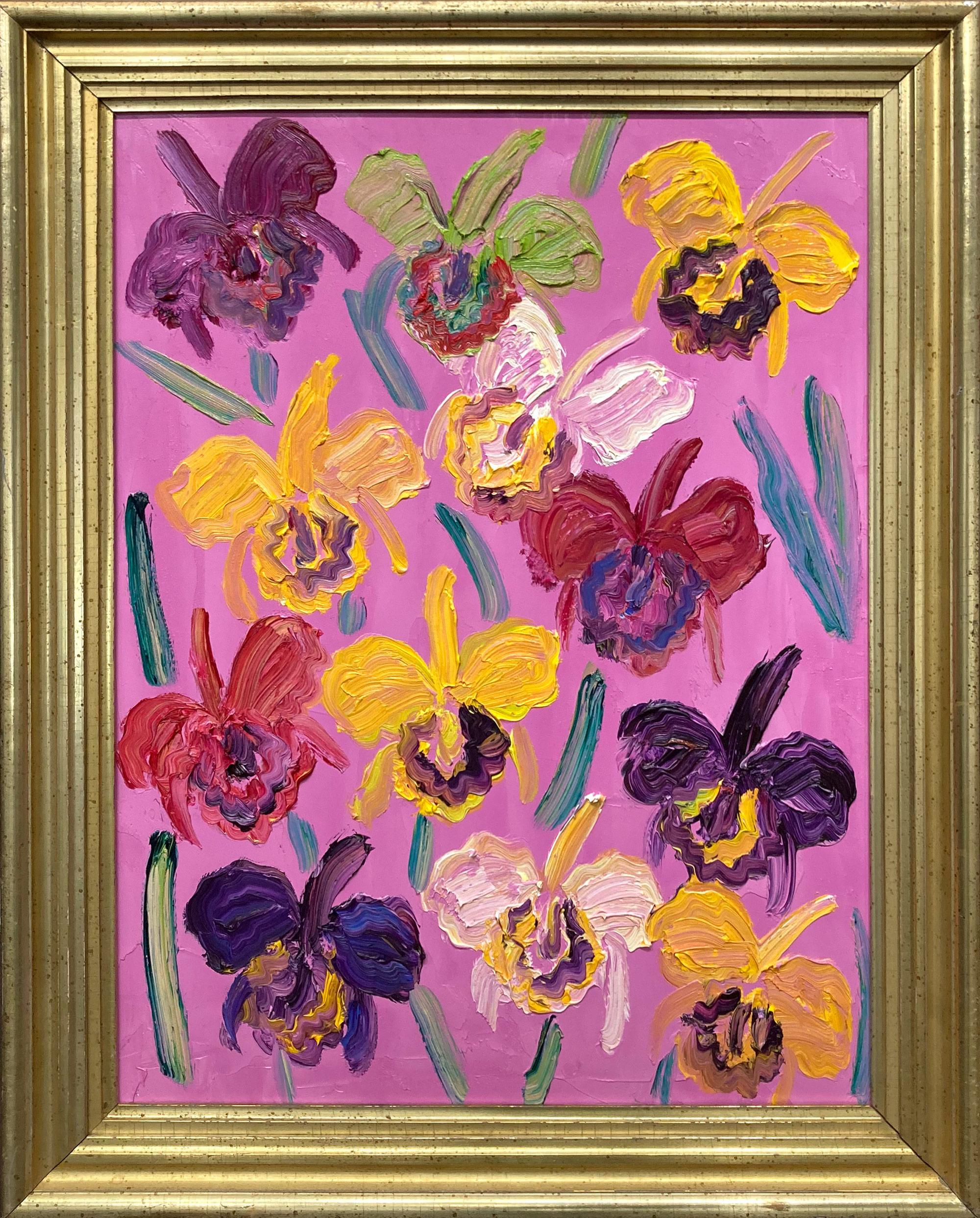 "Hawaiian Catelayas" Multicolor Flowers on Pink Background Oil Painting Framed