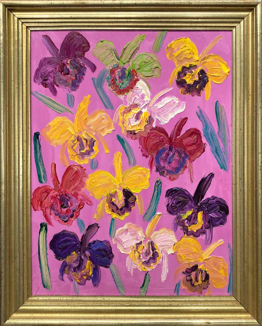 "Hawaiian Catelayas" Multicolor Flowers on Pink Background Oil Painting Framed