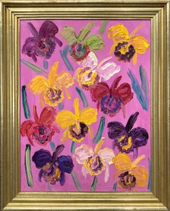 "Hawaiian Catelayas" Colorful Flowers on Intense Pink Background Oil Painting