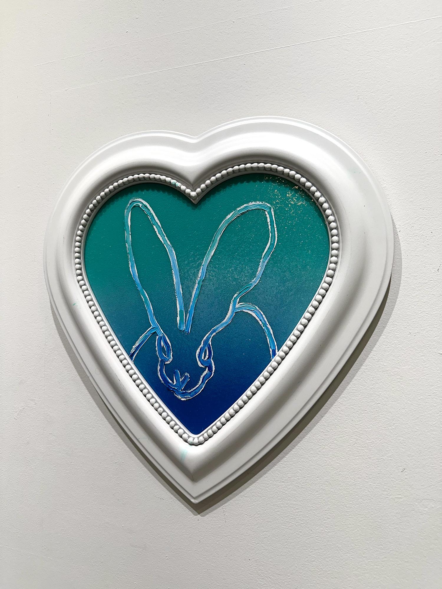 „Heart Felt“ Herzförmiges Ölgemälde in Form eines Bunnys in Türkis mit Diamantstaub, gerahmt im Angebot 3