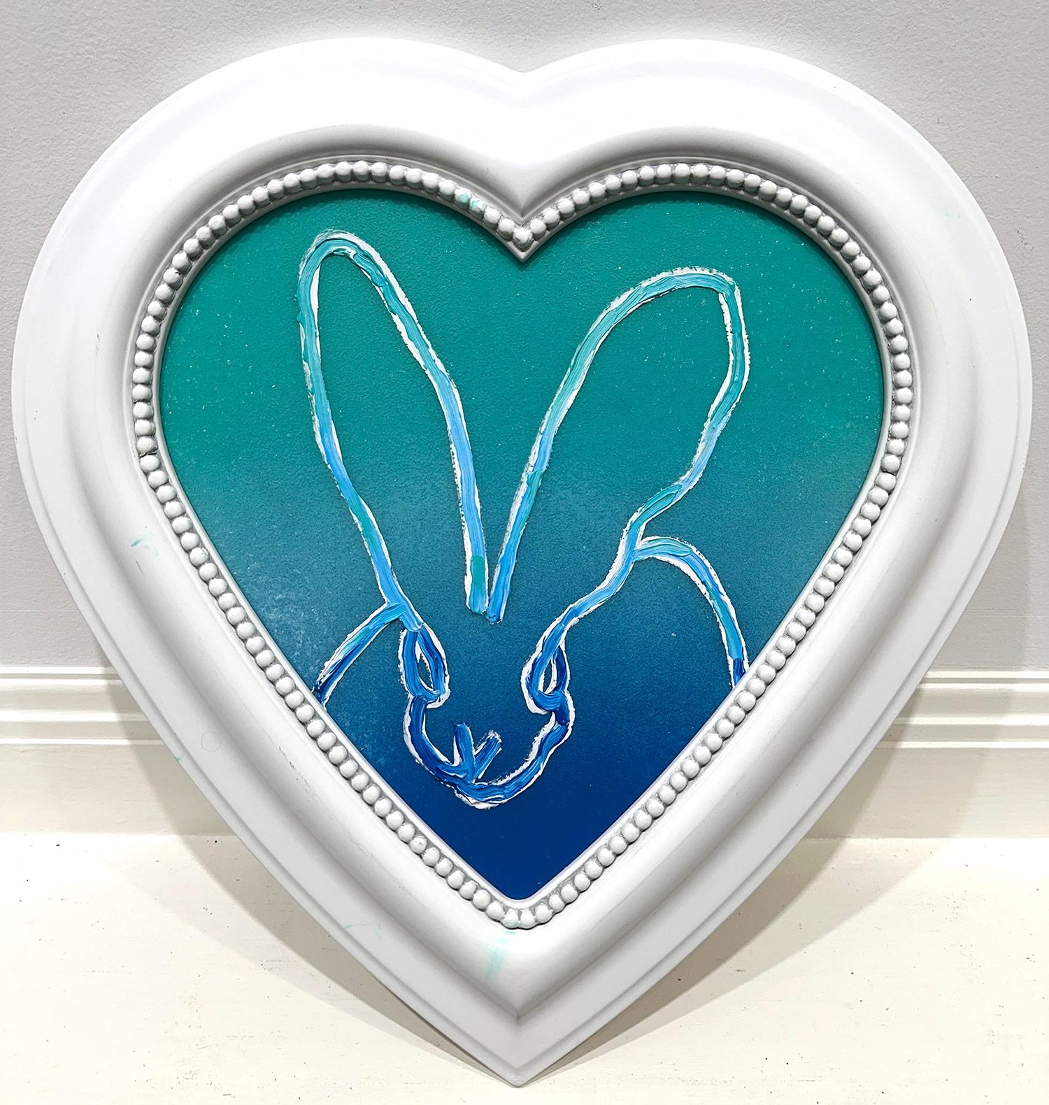 „Heart Felt“ Herzförmiges Ölgemälde in Form eines Bunnys in Türkis mit Diamantstaub, gerahmt im Angebot 5
