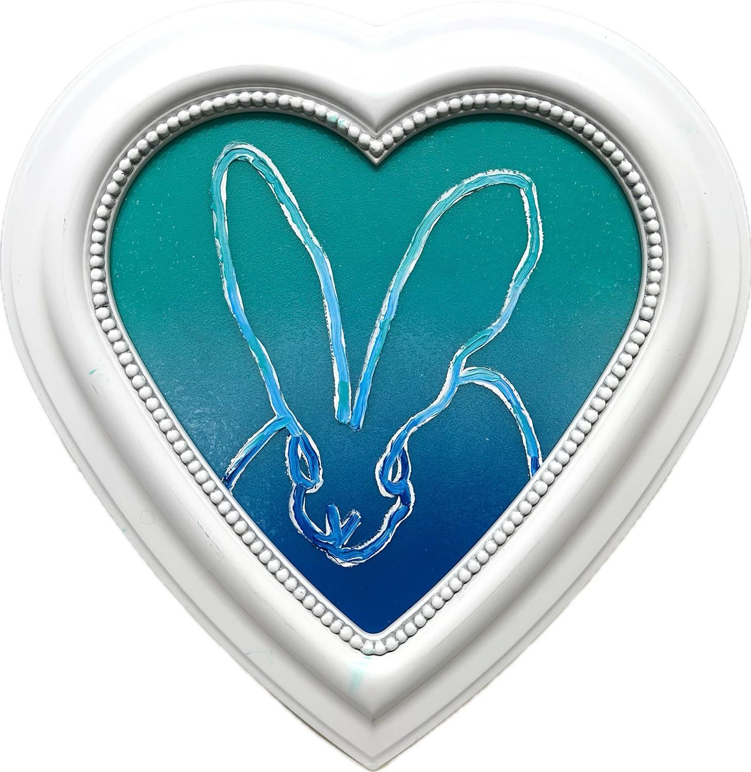 Hunt Slonem Abstract Painting - "Heart Felt" Heart Shaped Diamond Dust Turquoise Bunny Oil Painting Framed