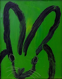 "Hey" Black Outline Bunny on Castleton Green Background Oil Painting Wood Framed