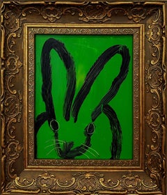 "Hey" Conejito de contorno negro sobre fondo verde Castleton Pintura al óleo Enmarcada en madera