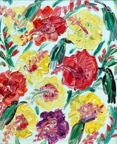 "Hibiscus Honolulu 1961" Kolibris Französisch Blassgrüner Hintergrund Ölgemälde