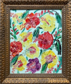 "Hibiscus Honolulu 1961" Colibrì francese sfondo verde pallido Pittura ad olio